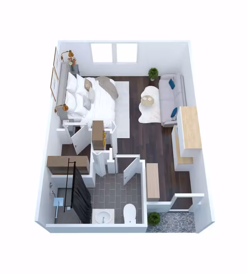 3D floor plan of a small apartment unit featuring a bedroom with a bed and nightstands, a living area with a sofa and coffee table, a bathroom with a shower, sink, and toilet, and an entryway with a small closet and storage space.