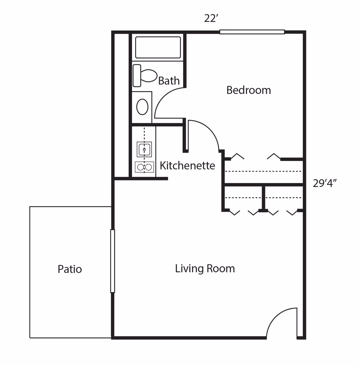 Floor plan of a residential unit at Smithfield Woods showing a bedroom, bathroom, kitchenette, living room, and patio. The layout includes measurements of 22 feet by 29 feet 4 inches.