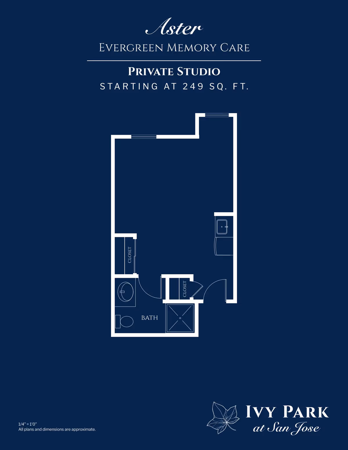 Floor plan of a private studio apartment for Evergreen Memory Care at Ivy Park at San Jose, showing a layout with a bathroom, two closets, and an open living area. The studio starts at 249 square feet.