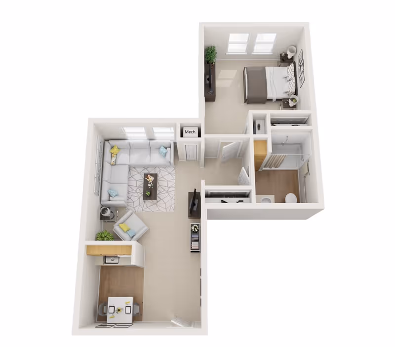 3D floor plan of a one-bedroom apartment showing a living room, kitchen/dining area, bedroom, and bathroom.