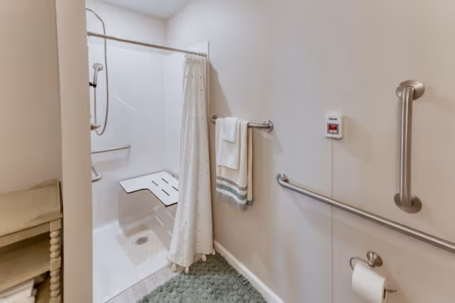 Accessible shower area with a white shower curtain, a fold-down shower seat, grab bars on the walls, a handheld showerhead, a towel rack with folded towels, and a green bath mat on the floor.