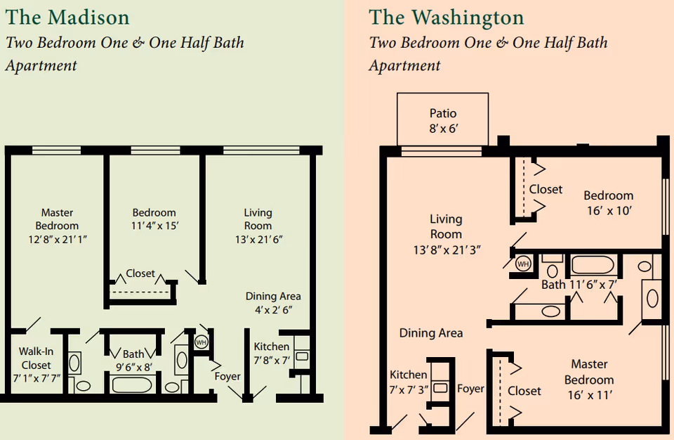 Floor plans for two apartment layouts named The Madison and The Washington, each with two bedrooms and one and a half baths. The Madison includes a master bedroom with walk-in closet, a second bedroom, a living room with dining area, kitchen, foyer, and a full bath. The Washington includes a master bedroom, a second bedroom, a living room with dining area, kitchen, foyer, a full bath, and a patio.