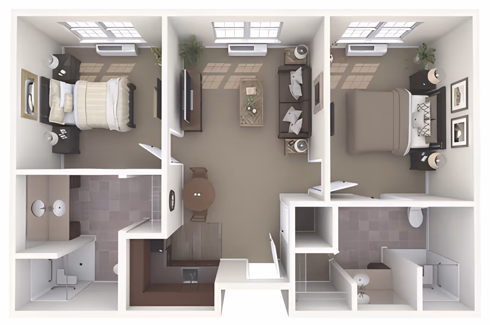 Top-down view of a two-bedroom apartment floor plan featuring two bedrooms, a living room with a sofa and TV, a small dining area with a round table and two chairs, a kitchen with cabinetry, and two bathrooms each with a shower, sink, and toilet.