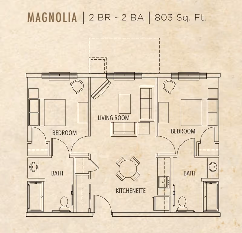 Floor plan of Magnolia unit at Village Veranda at Lady Lake showing 2 bedrooms, 2 bathrooms, a living room, and a kitchenette in an 803 square feet layout.
