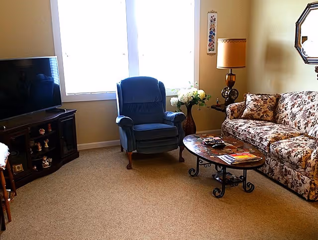 A cozy living room with a floral patterned sofa, a blue armchair, a wooden coffee table with magazines, a TV on a wooden stand, a floor lamp, and a vase with flowers near a window with white curtains.