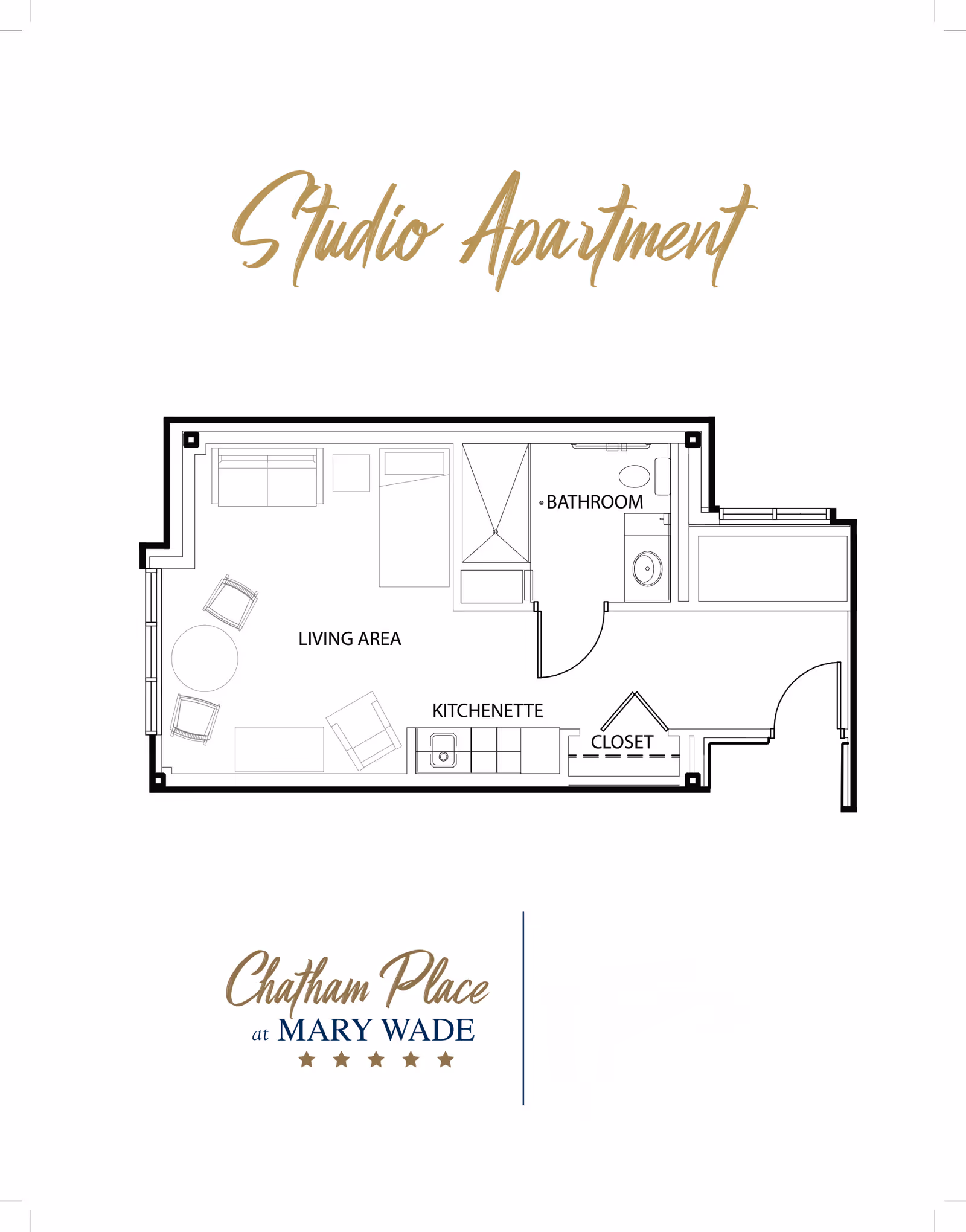 Floor plan layout of a studio apartment showing living area, kitchenette, closet, and bathroom with the 'Chatham Place at Mary Wade' logo.