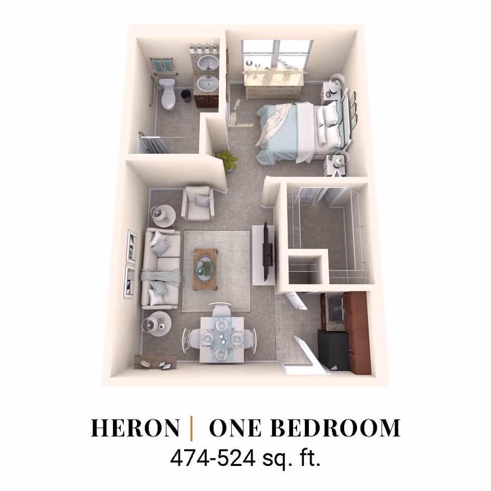 3D rendered one-bedroom apartment floor plan showing a living room, dining area, kitchen, bedroom, bathroom, and closets with the label 'HERON | ONE BEDROOM 474-524 sq. ft.'