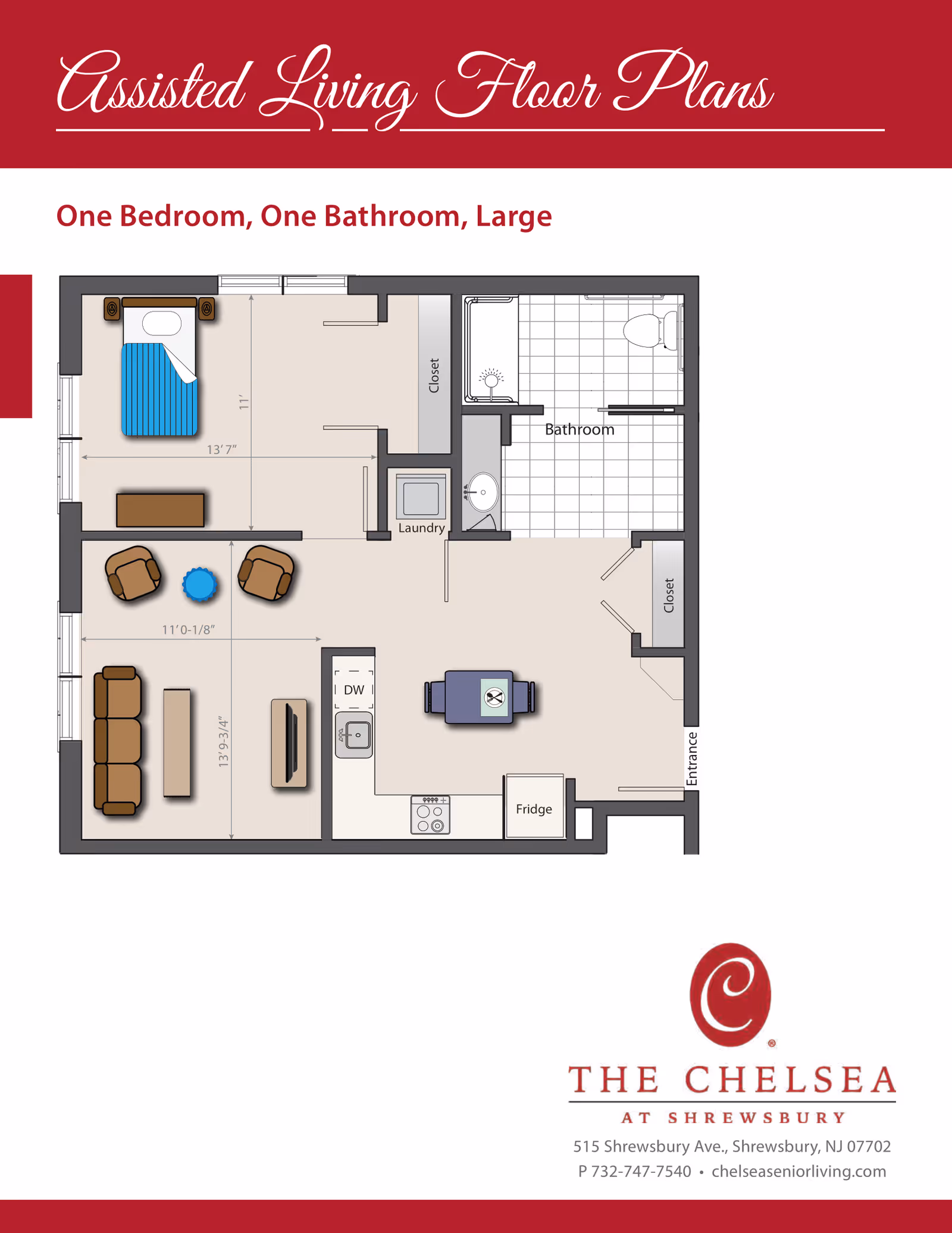 Floor plan of a one bedroom, one bathroom large assisted living apartment at The Chelsea at Shrewsbury. The layout includes a bedroom with a bed and nightstands, a bathroom with a shower and toilet, a living room with a sofa, chairs, and a TV, a kitchen area with a fridge, stove, dishwasher, and dining table, a laundry area, and closets near the entrance.
