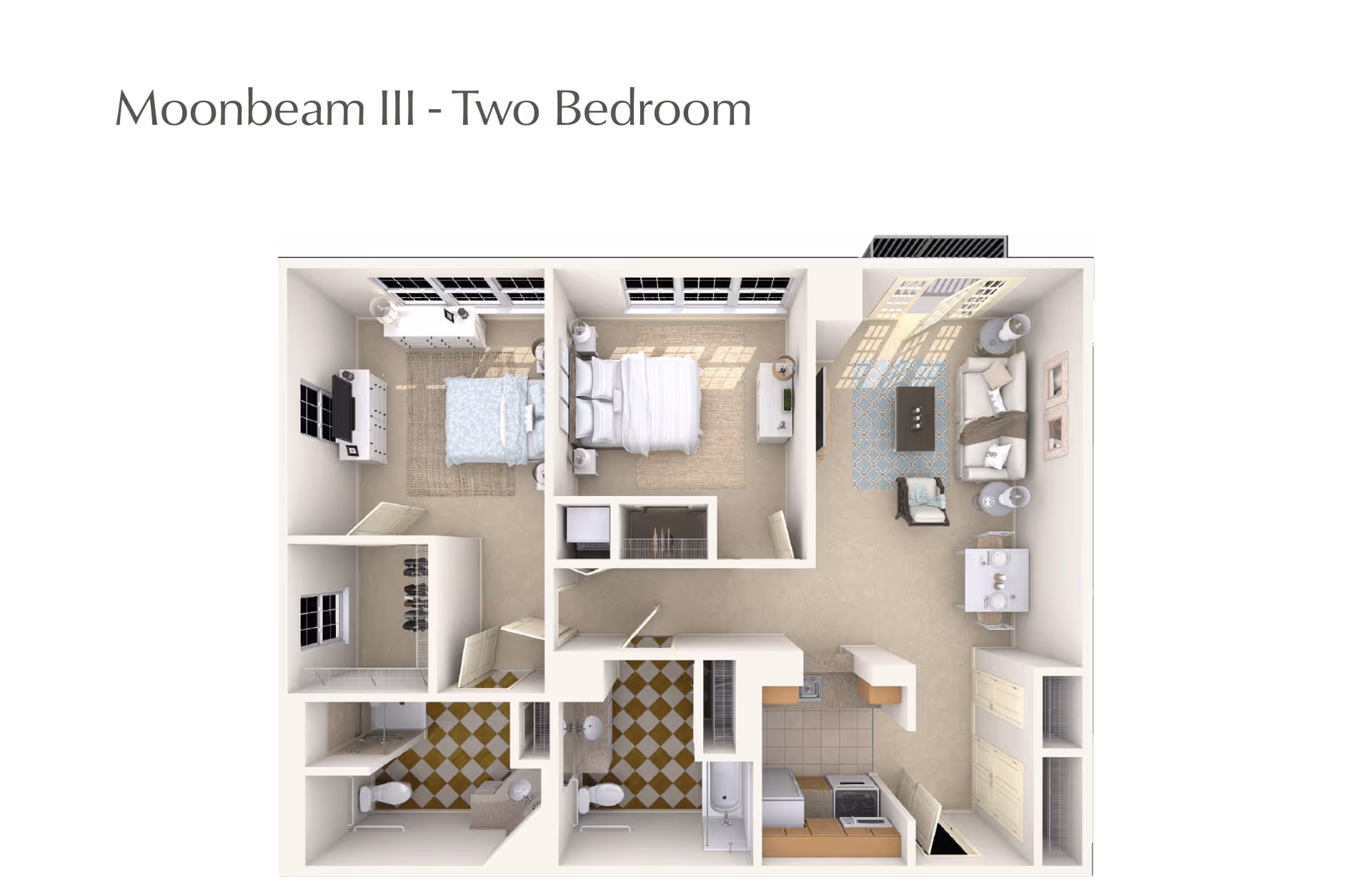 3D floor plan of a two-bedroom apartment named Moonbeam III, showing two bedrooms, two bathrooms, a kitchen, and a living room area with furniture layout.