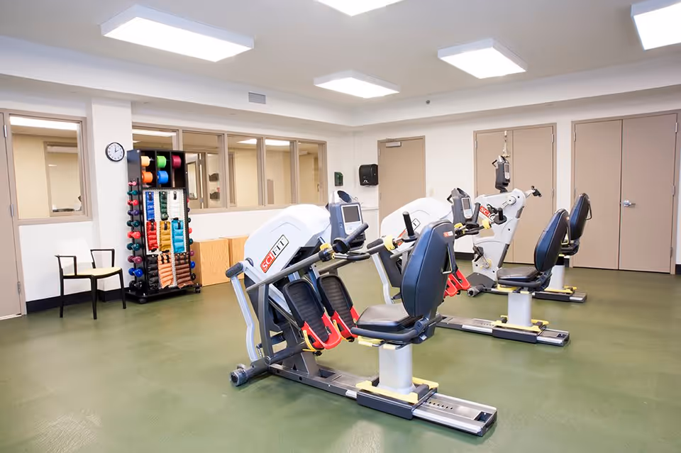 A fitness room with three recumbent exercise bikes lined up on a green floor. There is a rack with colorful exercise bands and dumbbells against the wall. The room has beige walls, several windows, and closed doors.