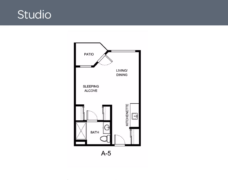 Black-and-white floor plan of a studio apartment labeled A-5 showing a patio, living/dining area, sleeping alcove, kitchenette, and bath.