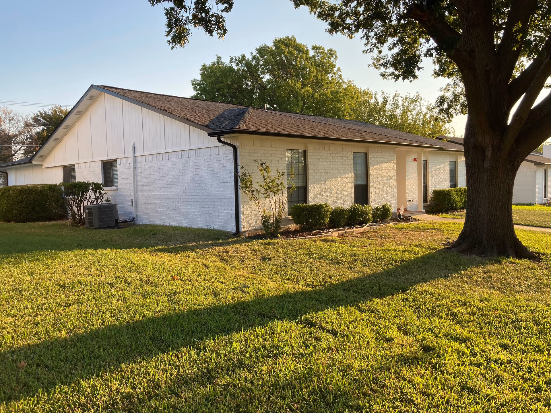 Single-story white brick residential building with a manicured lawn and large tree in front.