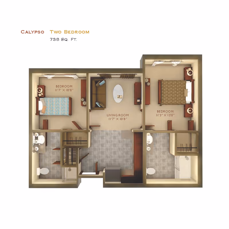 Floor plan of Calypso two-bedroom apartment with 738 square feet, showing two bedrooms, a living room, two bathrooms, and closets.