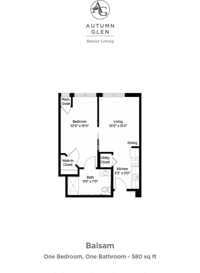 Floor plan of a one-bedroom, one-bathroom apartment at Autumn Glen Senior Living named Balsam. The layout includes a bedroom measuring 10 feet by 19 feet with a mechanical closet and walk-in closet, a bathroom measuring 11 feet 8 inches by 7 feet, a living room measuring 10 feet by 13 feet 4 inches, a kitchen measuring 8 feet 3 inches by 11 feet, a dining area, and a utility closet.