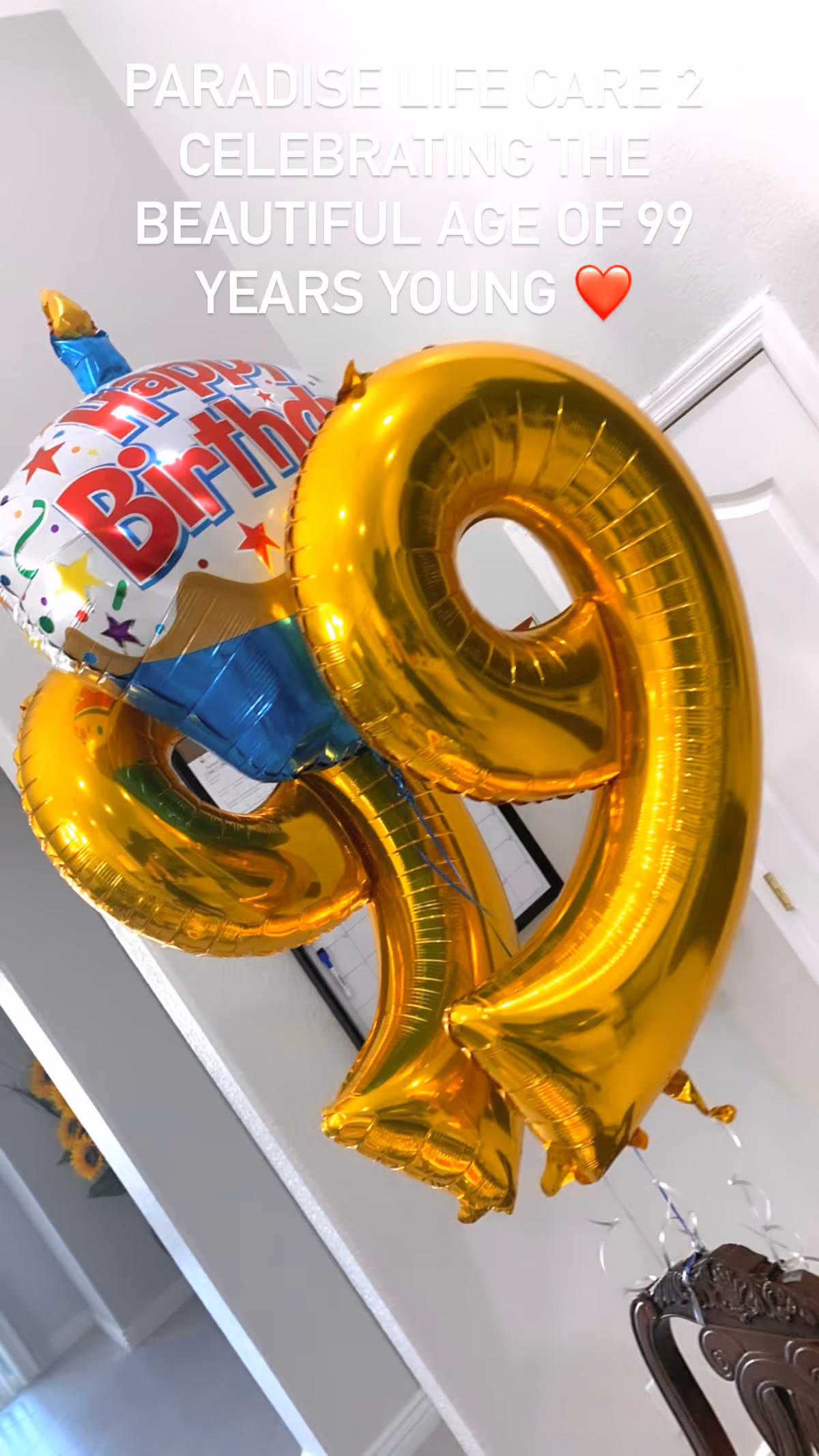 A bunch of balloons including large gold foil balloons shaped as the number 99 and a colorful round balloon with 'Happy Birthday' text, inside a room with white walls and a door in the background. Text overlay reads: 'PARADISE LIFE CARE 2 CELEBRATING THE BEAUTIFUL AGE OF 99 YEARS YOUNG' with a red heart emoji.