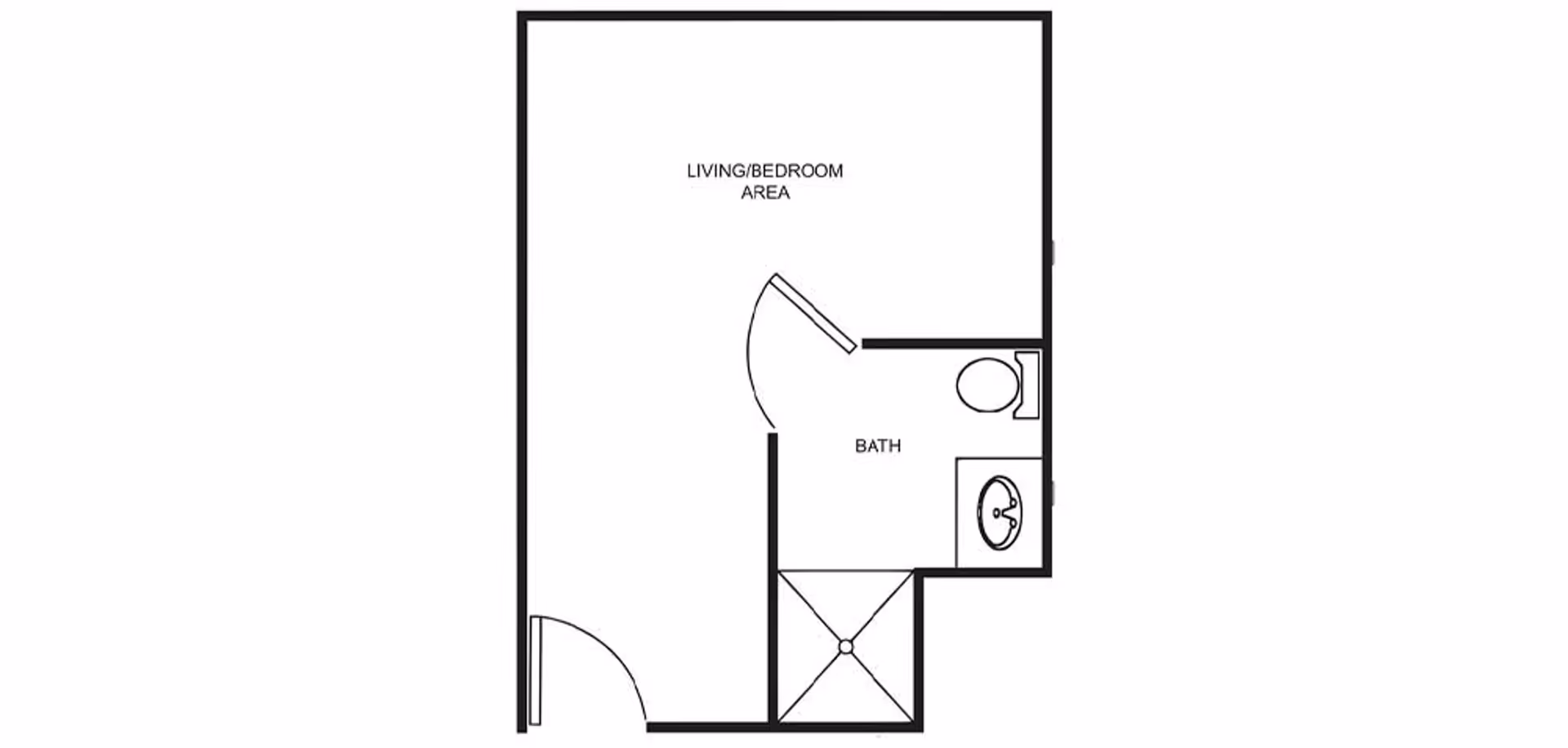 Floor plan layout showing a combined living and bedroom area with an attached bathroom that includes a toilet, sink, and shower.