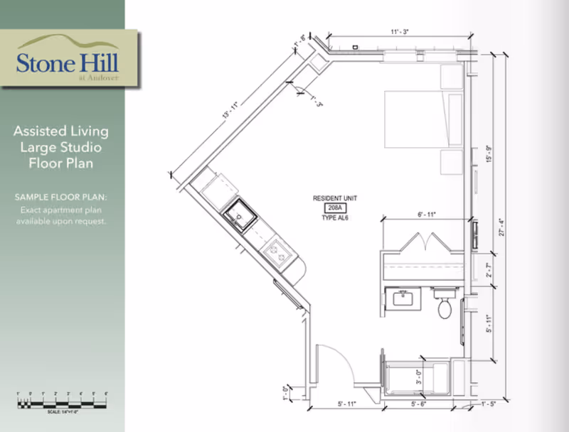 Floor plan of an assisted living large studio apartment at Stone Hill at Andover, showing layout with kitchen, bathroom, sleeping area, and measurements.