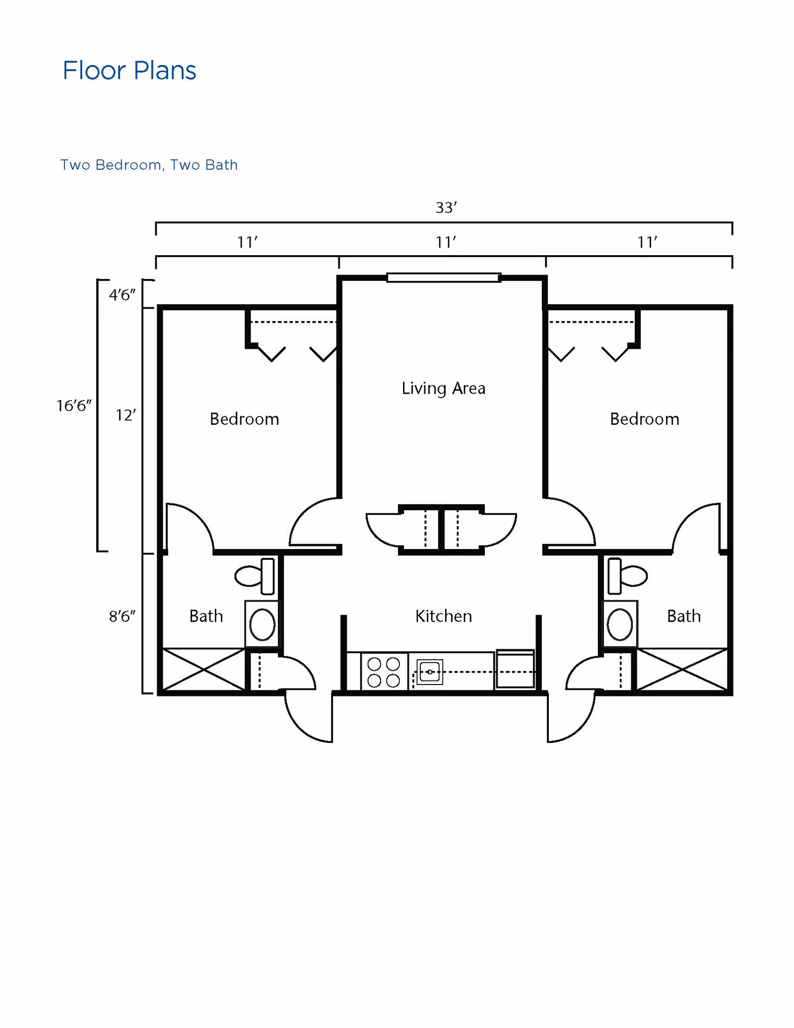 Floor plan of a two-bedroom, two-bath apartment with a central living area and kitchen. Each bedroom has an attached bathroom. The layout includes measurements for the rooms and overall dimensions.