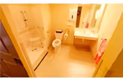 A clean and well-lit bathroom with a shower area featuring grab bars, a toilet with a grab bar beside it, a sink with a mirror above, and a pink towel hanging on the wall.
