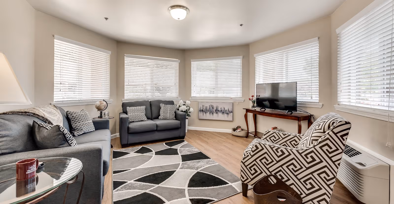 A bright living room with multiple windows covered by white blinds. The room features two gray sofas with patterned pillows, a patterned armchair, a TV on a wooden console table, a decorative globe on a side table, a modern area rug with black, gray, and white geometric patterns, and a small air conditioning unit under one window.