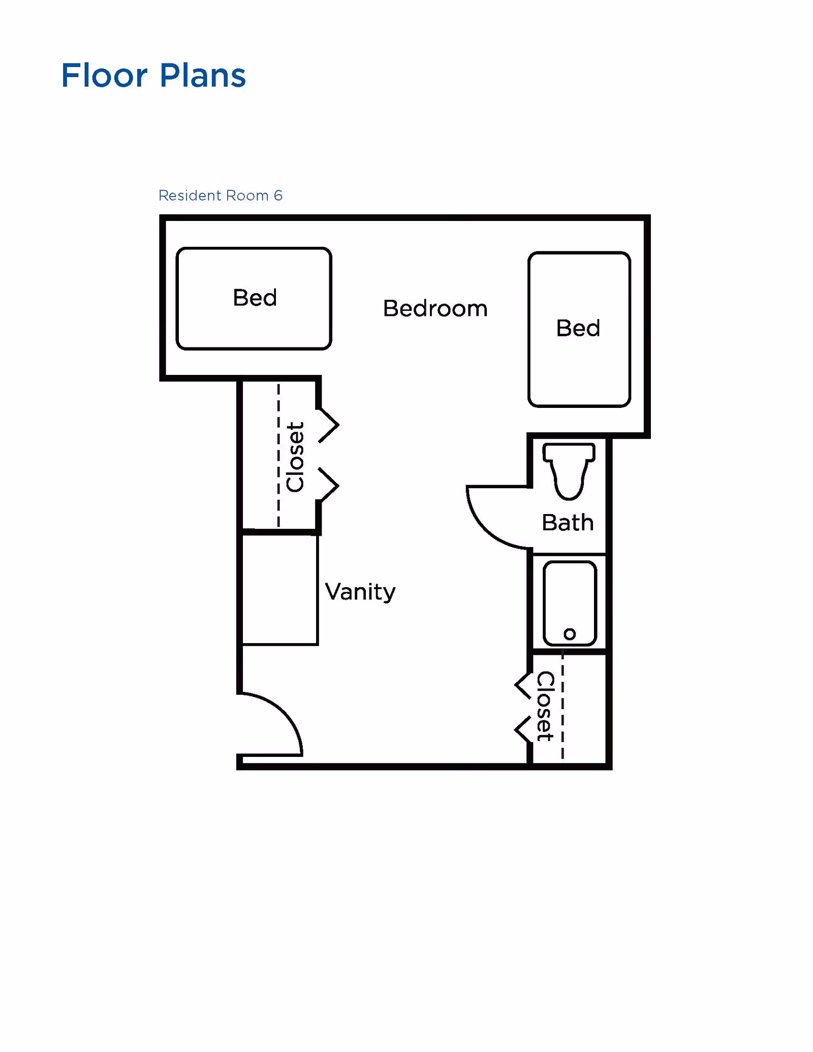 Floor plan layout of Resident Room 6 at Brookdale North Fremont showing two beds in the bedroom area, two closets, a vanity, and a bathroom with a toilet and bathtub.