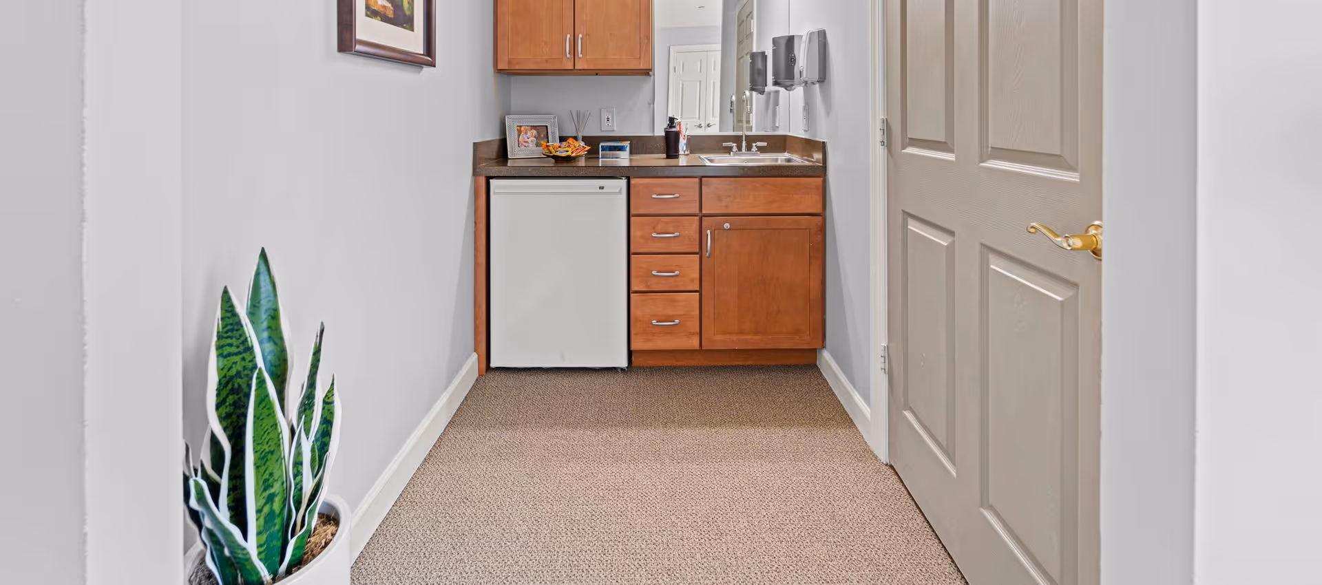 Narrow interior corridor with a small kitchenette featuring wooden cabinets, a mini fridge and sink, a potted plant, and a closed door.