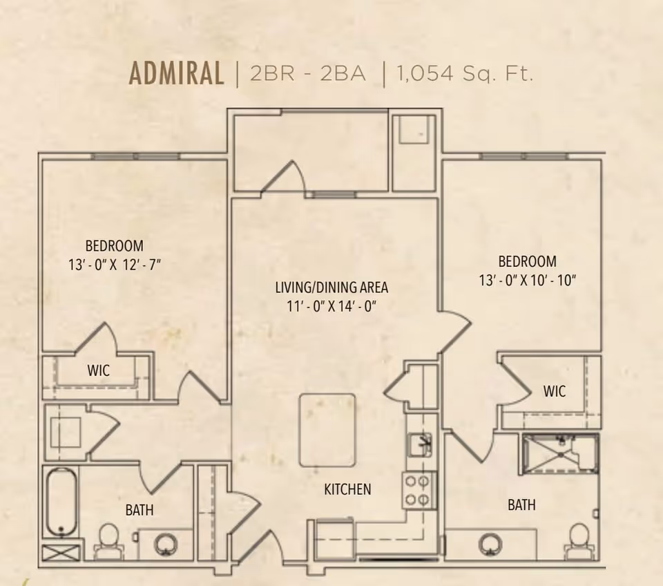 Floor plan for Admiral unit at Seagrass Village of Gulf Shores showing a 2 bedroom, 2 bathroom layout with 1,054 square feet. The plan includes two bedrooms each with a walk-in closet (WIC), two bathrooms, a combined living and dining area, and a kitchen with an island.