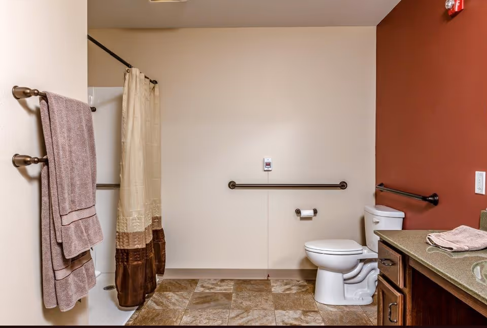 Accessible bathroom with a toilet, grab bars, shower with a curtain, towel rack, and a vanity countertop.