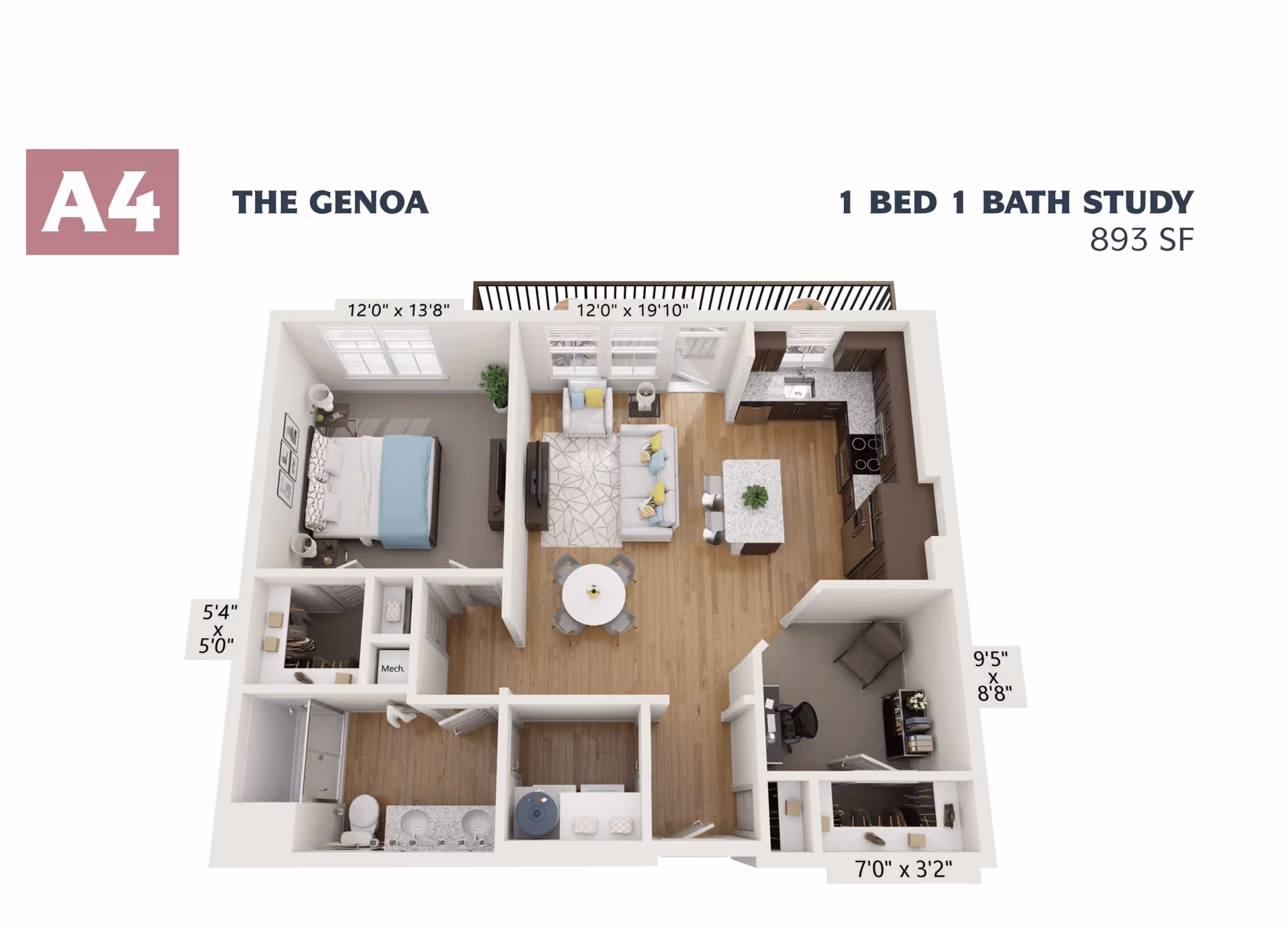 3D floor plan of The Genoa apartment layout featuring 1 bedroom, 1 bathroom, and a study, covering 893 square feet. The layout includes a bedroom with a bed and nightstands, a bathroom with a double sink vanity and shower, a living room with sofa and TV, a kitchen with an island and bar stools, a dining area with a round table and chairs, and a study room with a desk and chair.