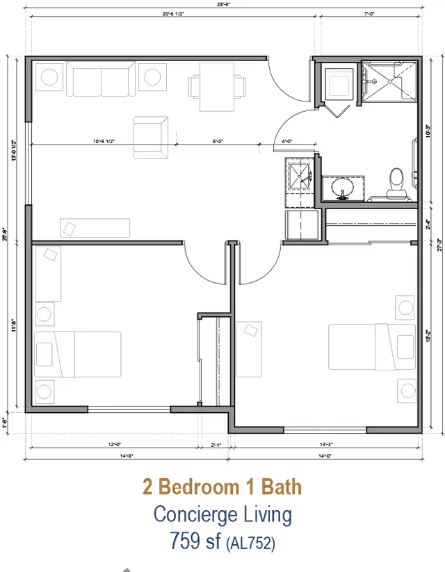 Black graphic showing a white-lined floor plan for a 2 bedroom, 1 bath apartment with descriptive text at the bottom.