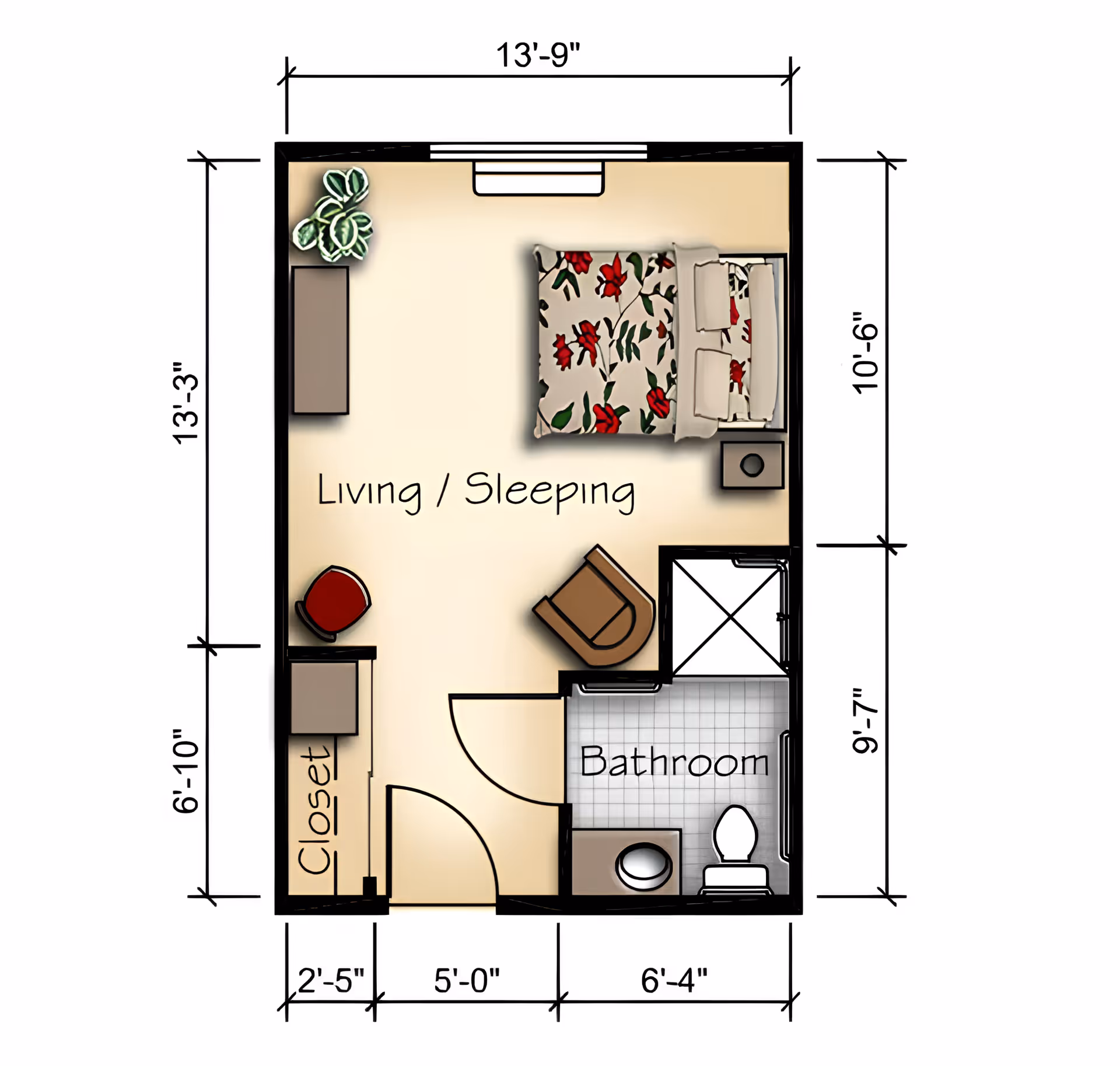 Floor plan of a living and sleeping area with a bed, chair, closet, and a bathroom including a toilet and sink. Dimensions are marked around the room.