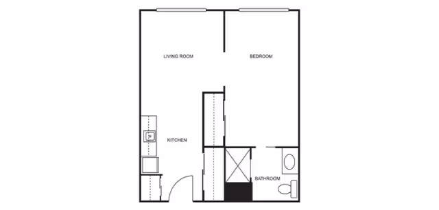 Black-and-white one-bedroom apartment floor plan showing a living room, bedroom, kitchen, bathroom, closets and an entry door.