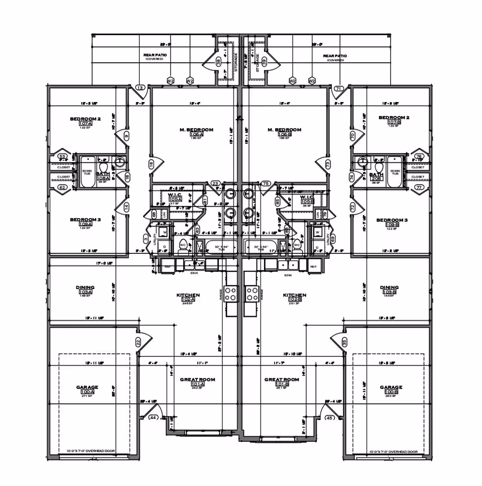 Architectural floor plan showing a duplex layout with two mirrored units. Each unit includes a garage, great room, kitchen, dining area, three bedrooms including a master bedroom with walk-in closet, two bathrooms, and a rear covered patio.