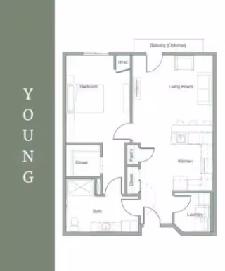 Floor plan diagram of a one-bedroom apartment showing labeled living room, kitchen, bedroom, bath, laundry and an optional balcony.