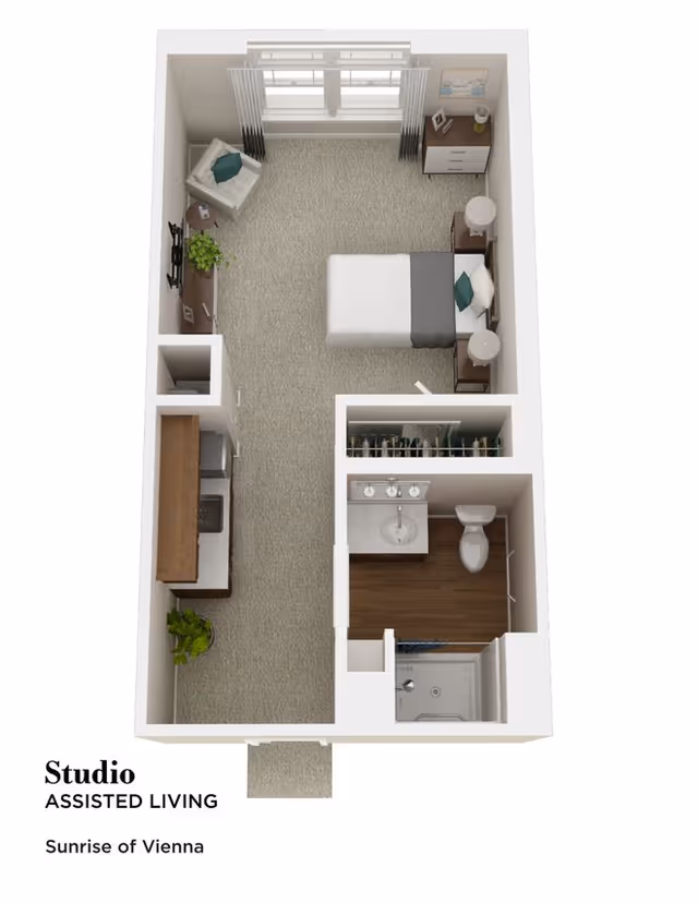 3D floor plan of a studio assisted living apartment at Sunrise of Vienna showing a combined living and sleeping area with a bed, armchair, TV, dresser, and kitchenette. There is a separate bathroom with a shower, toilet, and sink, and a closet space adjacent to the bathroom.