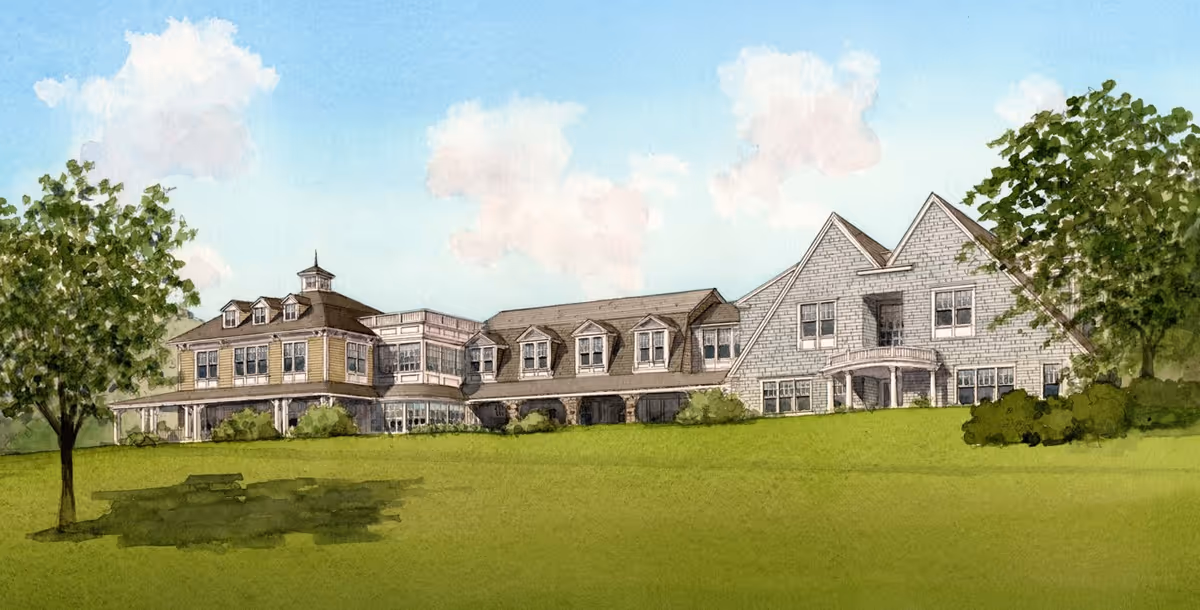 Watercolor-style exterior rendering of a large multi-wing building on a green lawn with trees under a blue sky.