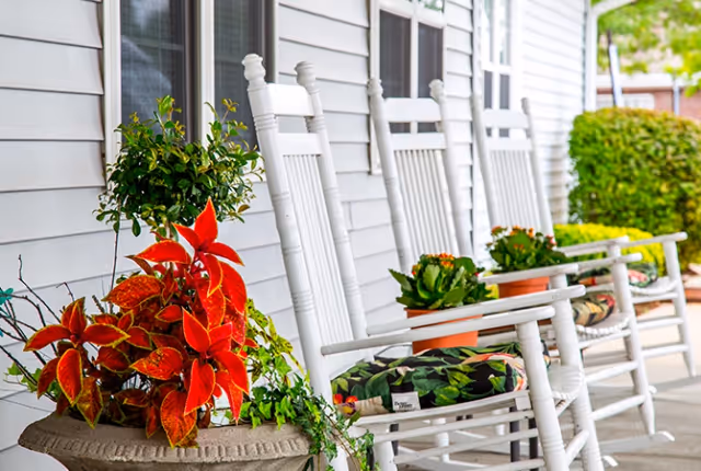 A sunlit porch with a row of white rocking chairs, floral cushions, and potted plants against house siding and windows.