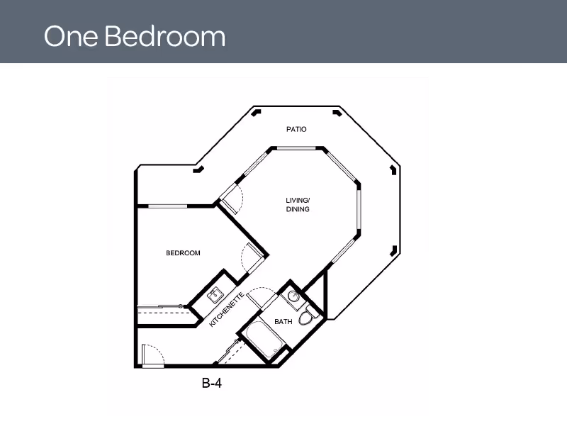 Floor plan of a one-bedroom apartment at Asher Point Independent Living of Tyler, showing a bedroom, kitchenette, bath, living/dining area, and a patio.