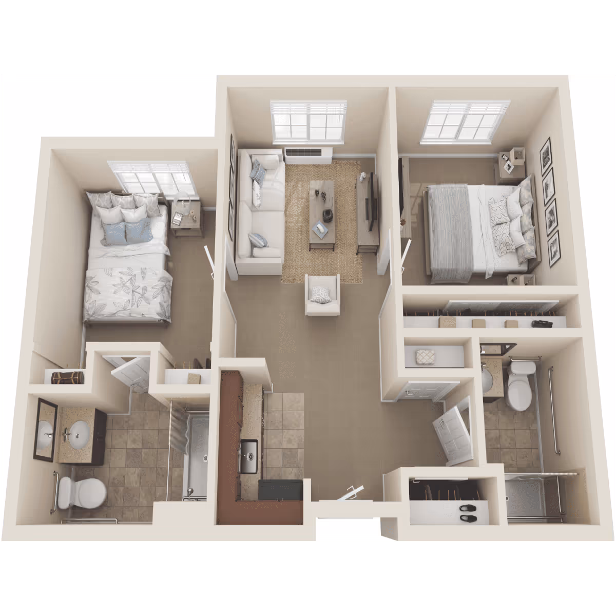 3D floor plan of an apartment featuring two bedrooms, a living room with sofa and chair, a kitchen with appliances, and two bathrooms with toilets and sinks.