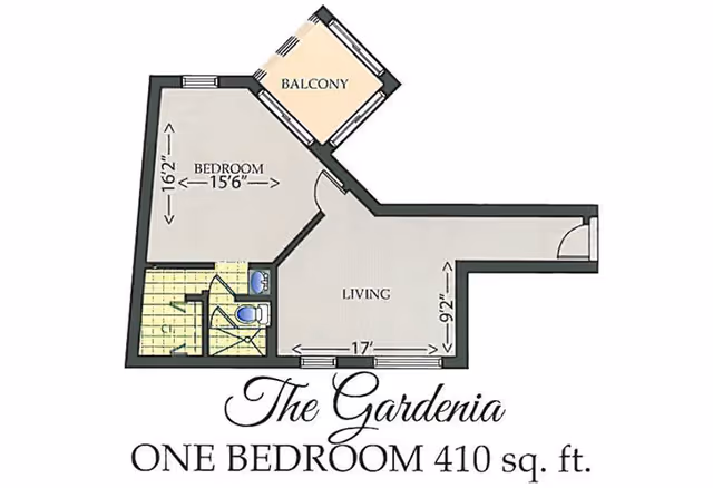 Floor plan of The Gardenia, a one-bedroom apartment with 410 square feet. It includes a bedroom measuring 15 feet 6 inches by 16 feet 2 inches, a living area measuring 17 feet by 9 feet 2 inches, a bathroom, and a balcony.