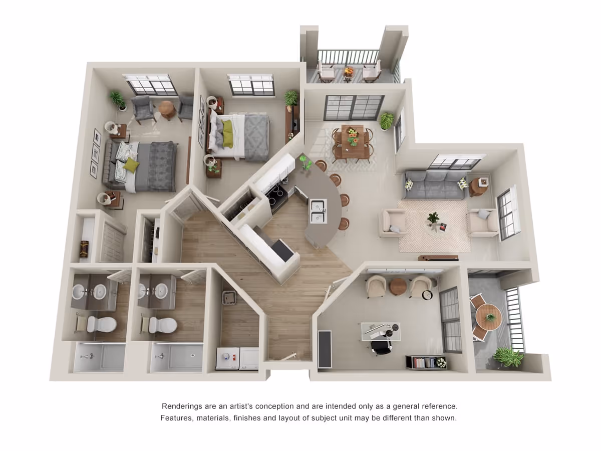 3D floor plan of a residential unit featuring two bedrooms, two bathrooms, a kitchen with a breakfast bar, a dining area, a living room, an office space, and two balconies with outdoor seating. The bedrooms have beds, nightstands, and chairs. The bathrooms include sinks, toilets, and showers. The kitchen is equipped with appliances and a sink. The living room has a sofa, two armchairs, a coffee table, and side tables. The office space contains a desk, chair, and bookshelf. The dining area has a table with four chairs. The unit has wood and tile flooring and multiple windows for natural light.