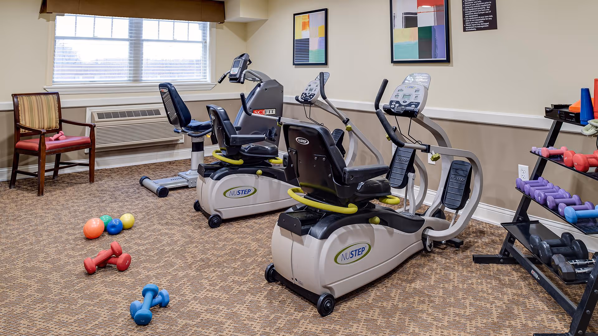 A small fitness room with two NuStep recumbent cross trainers, various colorful dumbbells on the floor and on a rack, a wooden chair with a red cushion, and a window with blinds letting in natural light.