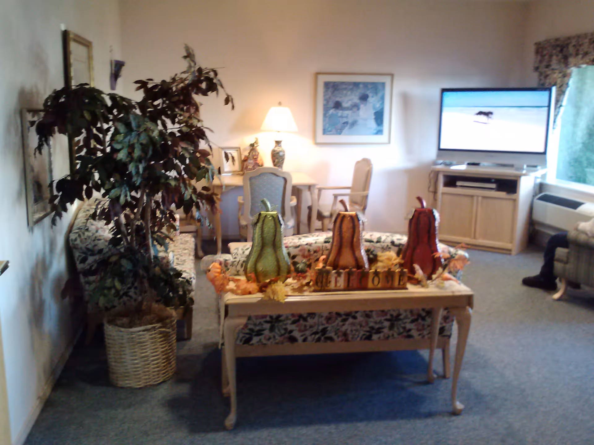 A cozy living room with floral patterned sofas and chairs, a wooden table decorated with three colorful gourd-shaped ornaments and autumn leaves, a potted plant in a wicker basket, a lamp on a side table, framed artwork on the walls, and a television on a wooden stand showing a beach scene.