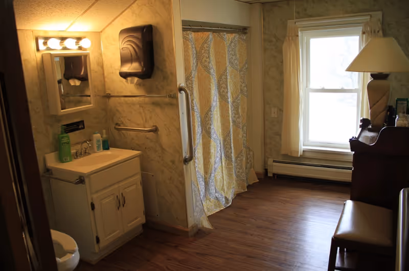 Interior view of a room with a bathroom area on the left featuring a sink, mirror with lights, soap dispenser, and grab bars. To the right, there is a window with curtains, a wooden desk with a lamp, and a chair. The floor is wooden and there is a shower with a patterned curtain in the middle background.