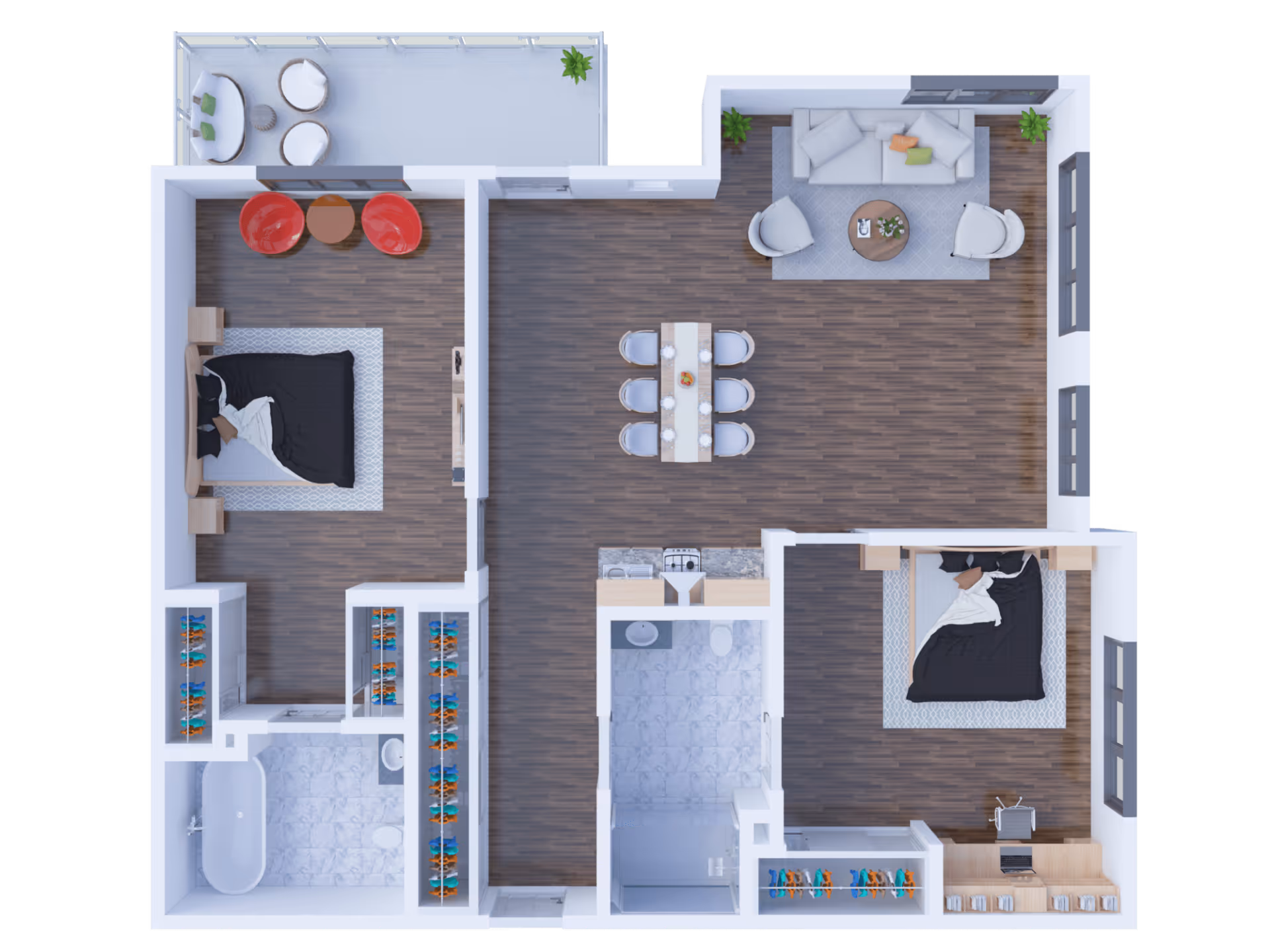 Top-down view of a two-bedroom apartment floor plan featuring a living room with sofa and chairs, a dining area with a table and six chairs, a kitchen with appliances, two bedrooms each with a bed and nightstands, two bathrooms, closets with shoes, and a balcony with outdoor seating.