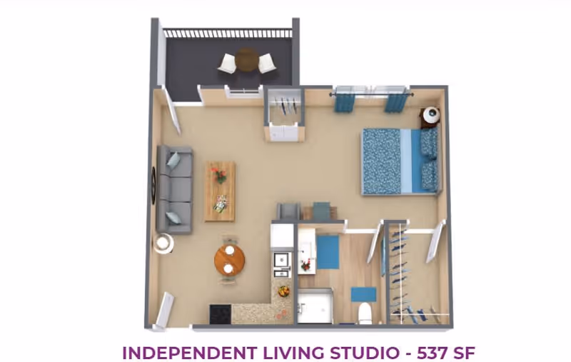 3D floor plan of an independent living studio apartment at Traditions of Mill Creek, showing a combined living and sleeping area with a bed, sofa, coffee table, dining table with two chairs, kitchen with appliances, bathroom, closet, and a balcony with two chairs and a small table.