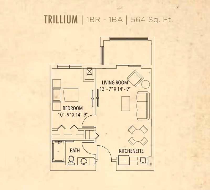 Floor plan of a one-bedroom, one-bathroom apartment named Trillium with 564 square feet. The layout includes a bedroom measuring 10 feet 9 inches by 14 feet 9 inches, a living room measuring 13 feet 7 inches by 14 feet 9 inches, a kitchenette, and a bathroom.