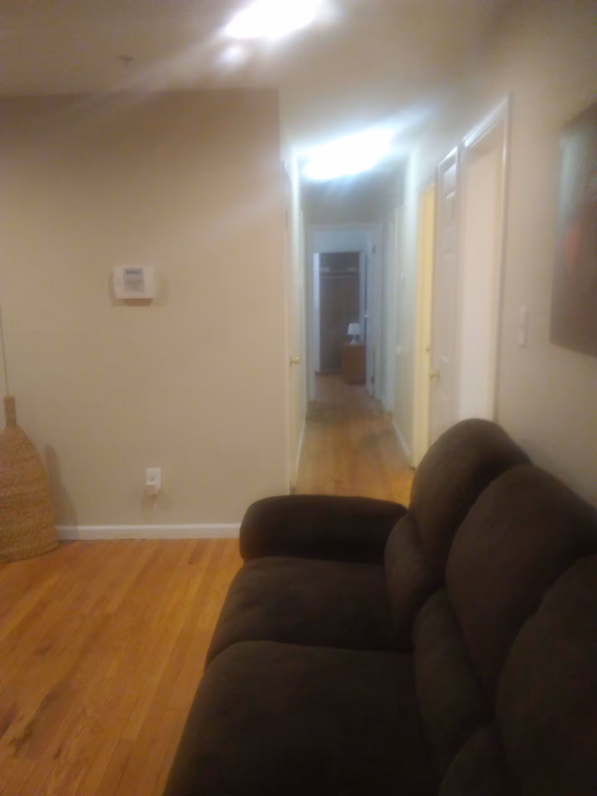 A dimly lit hallway with wooden flooring leading to a room at the end. On the right side, there is a dark brown cushioned sofa. The walls are beige, and there is a thermostat mounted on the left wall. A woven basket is placed on the floor near the left wall.