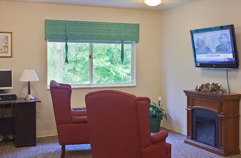 Small lounge with two red armchairs facing a wall-mounted TV and a faux fireplace beside a window showing greenery.
