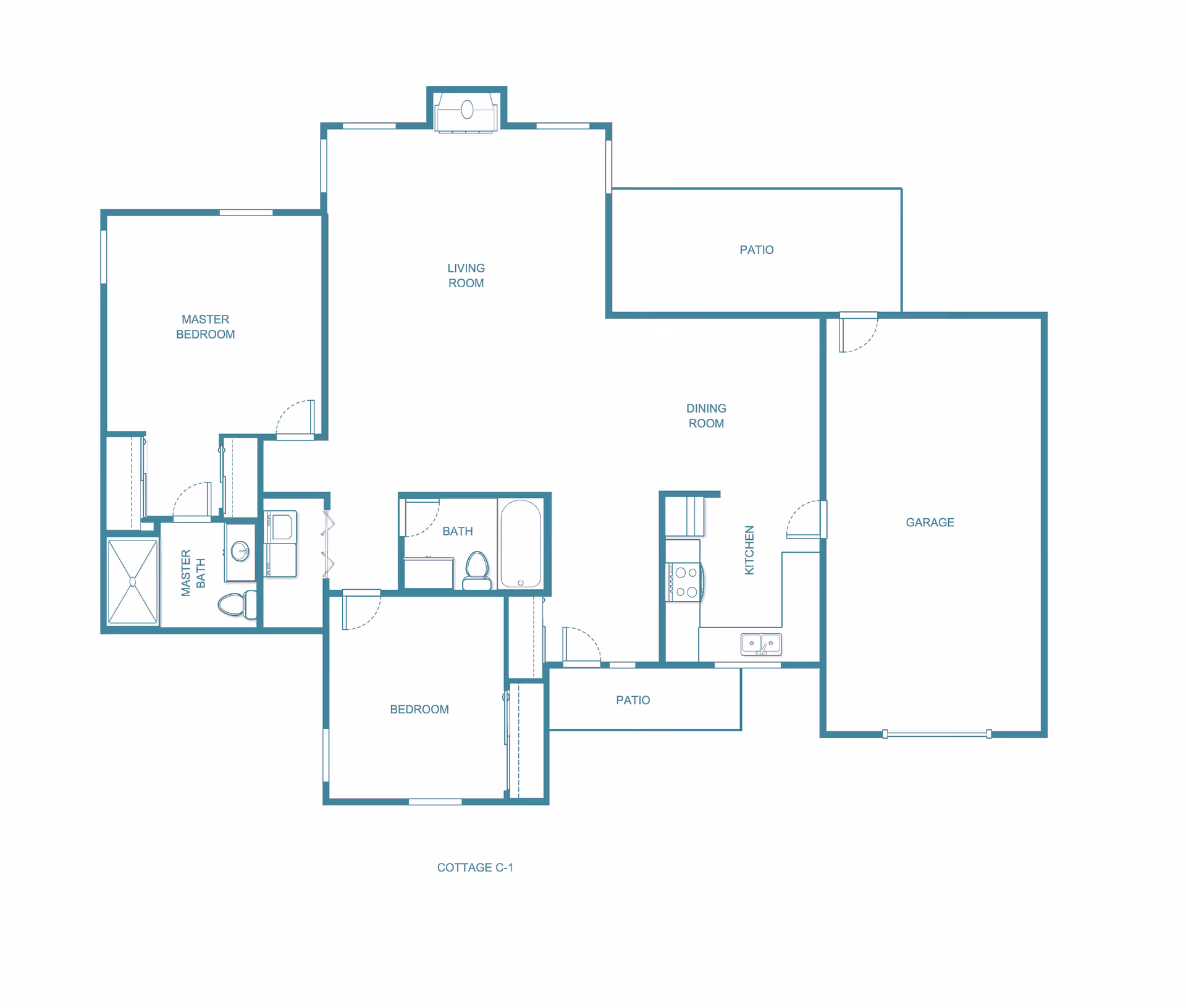 Architectural floor plan of a cottage labeled C-1 showing a layout with a master bedroom, master bath, second bedroom, bath, living room, dining room, kitchen, two patios, and a garage.